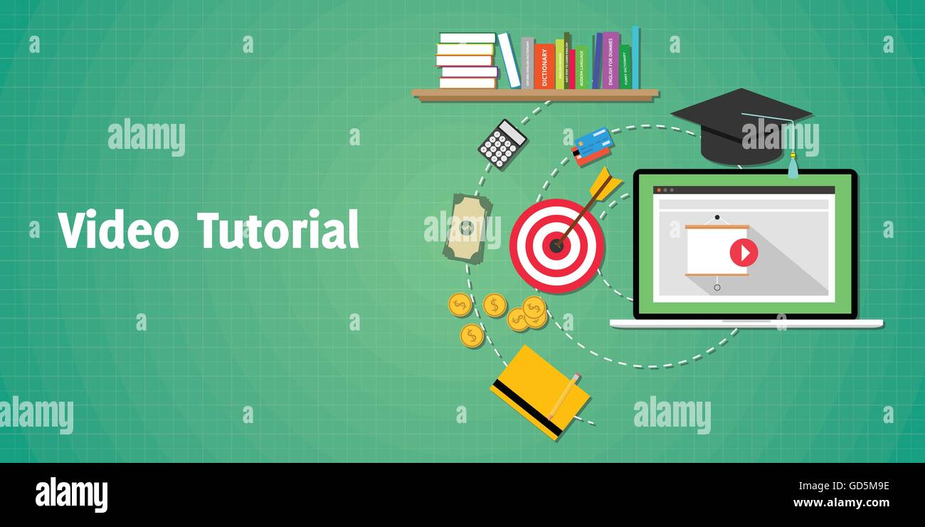 Video tutorial concept laptop con la riproduzione di un video e vettore di obiettivi illustrazione grafica Illustrazione Vettoriale