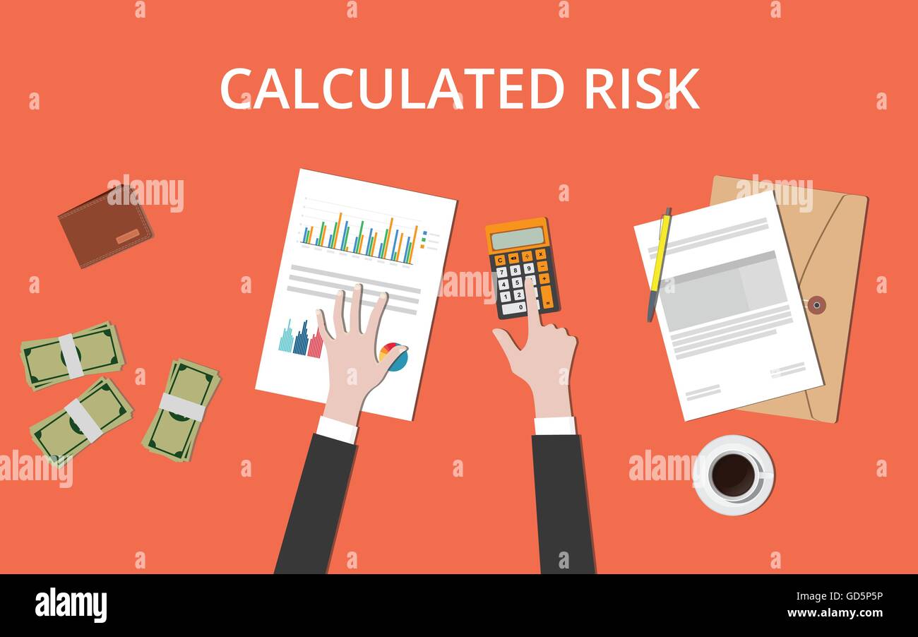 Rischio calcolato nozione di imprenditore mano sul tavolo con diagramma grafico denaro e documento di carta grafica vettoriale Illustrazione Vettoriale