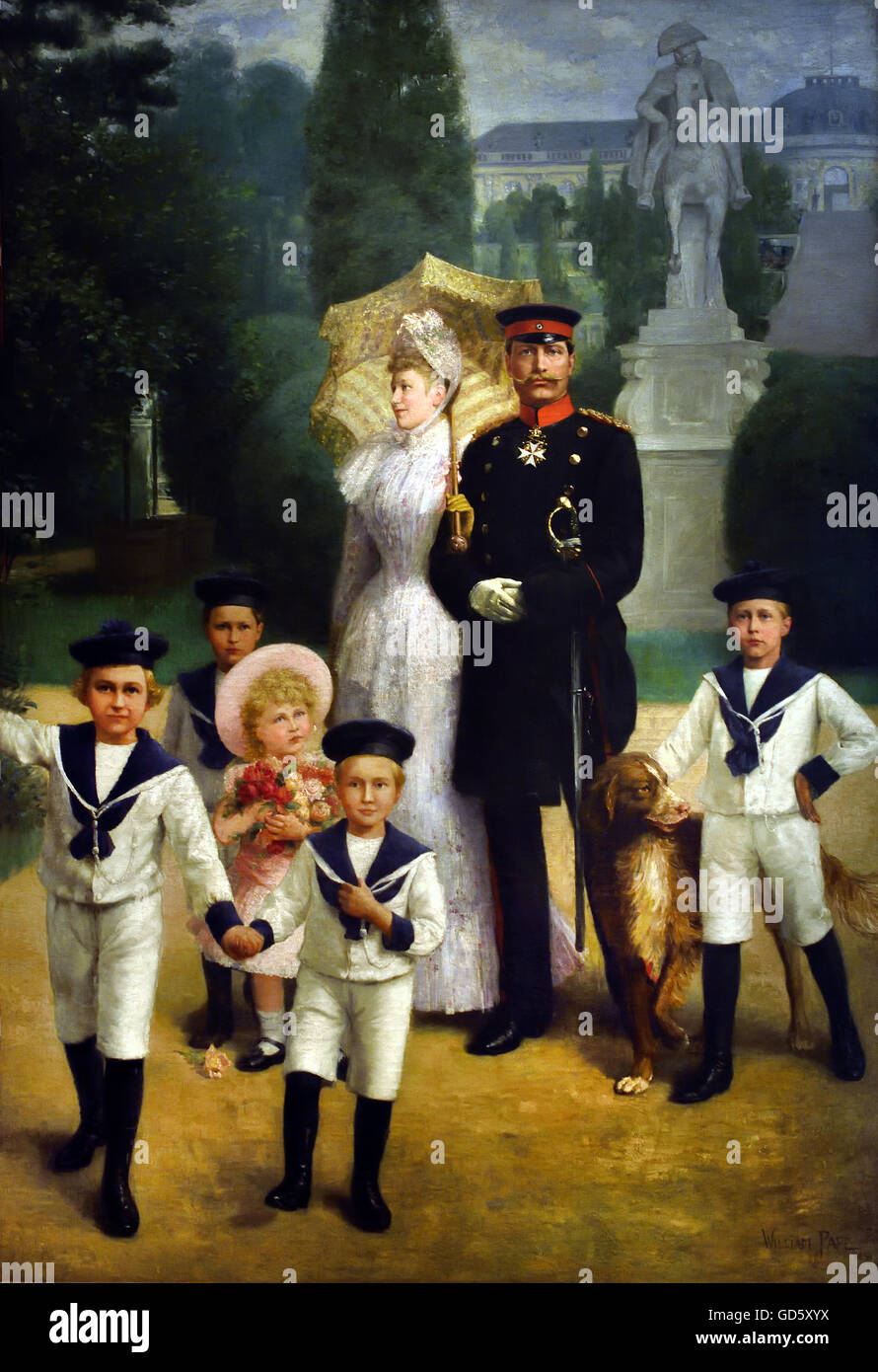La famiglia imperiale nel parco Sanssouci da William Friedrich Georg Pape (1859-1920)1891 tedesco Germania ( : La Famiglia Reale nel Parco Sanssouci: Guglielmo II, l'Imperatrice e la primogenita princes ) Foto Stock