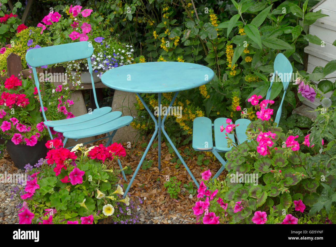 Grazioso giardino cottage con contenitori di fiori blu e tavolo e sedie Foto Stock