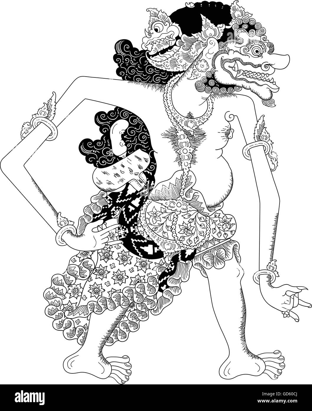 Kalamarica, un carattere di tradizionale spettacolo di marionette, Wayang Kulit da java indonesia. Illustrazione Vettoriale