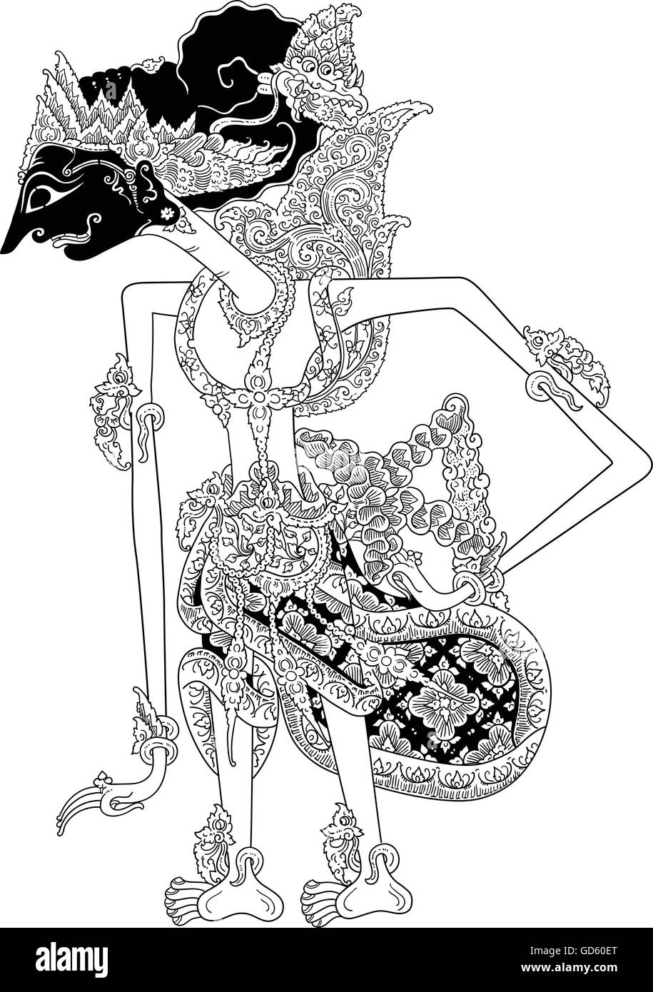 Prabu Citragada, un carattere di tradizionale spettacolo di marionette, Wayang Kulit da java indonesia. Illustrazione Vettoriale