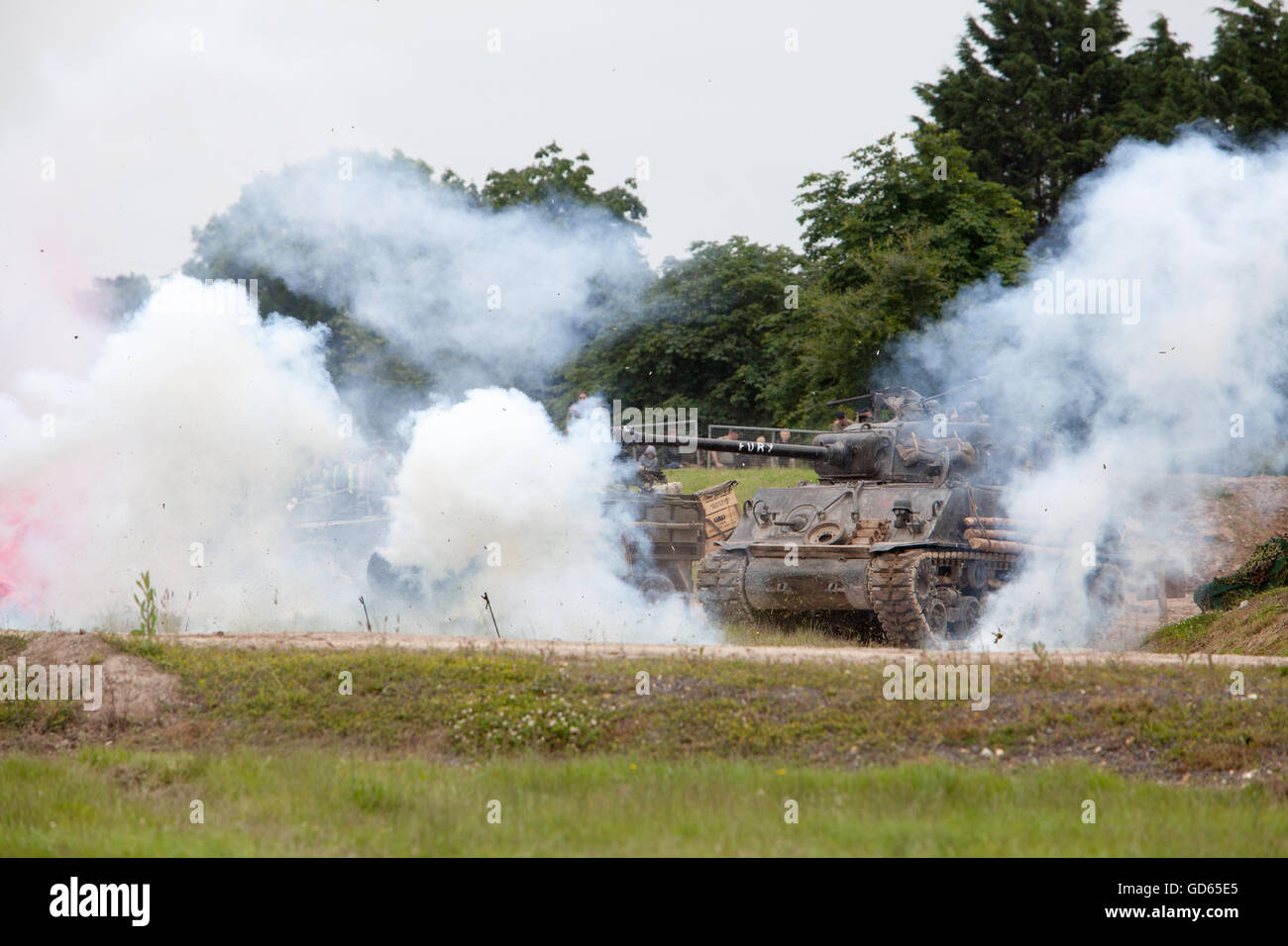 Tankfest, bovington, 2016 FURY lungometraggio serbatoio Sherman M4A2E8 in battaglia a Tankfest 2016 Foto Stock