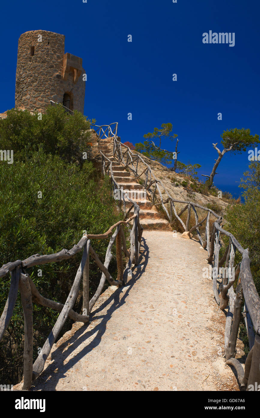 Mallorca, Ses anime tower, Banyalbufar, Serra de Tramuntana, Sito Patrimonio Mondiale dell'UNESCO, isola di Mallorca, Maiorca, isole Baleari, Spagna, Europa Foto Stock