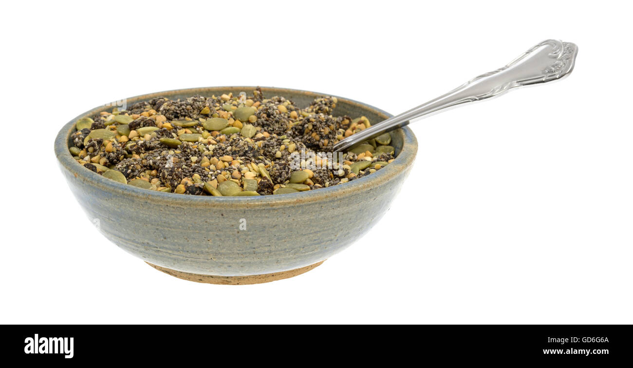 Una ciotola riempita di Chia, mirtillo palustre e semi di zucca cereali per la prima colazione e un cucchiaio inserita nel cibo Foto Stock