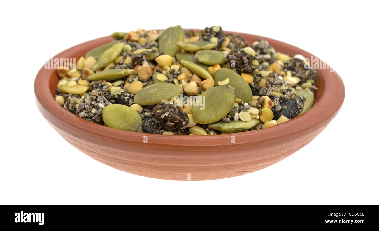 Una piccola ciotola di argilla riempita di Chia, mirtillo palustre e semi di zucca di cereali per la colazione isolato su uno sfondo bianco. Foto Stock