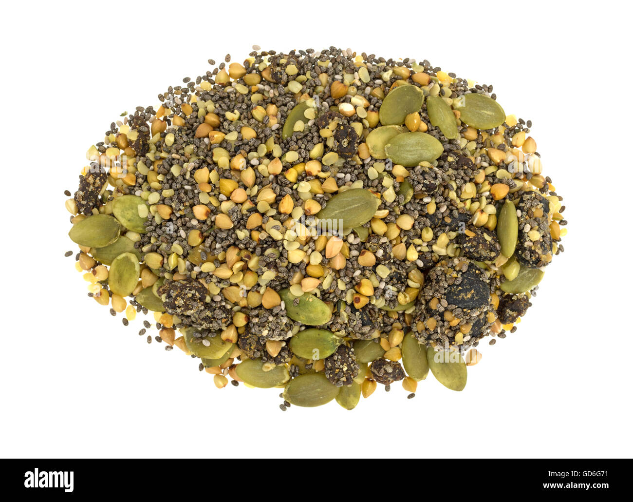 Vista dall'alto di una porzione di Chia, mirtillo palustre e semi di zucca di cereali per la colazione isolato su uno sfondo bianco. Foto Stock