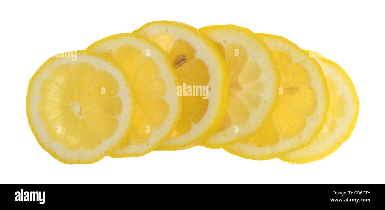 Più fette di limone fresco in una riga isolata su uno sfondo bianco. Foto Stock