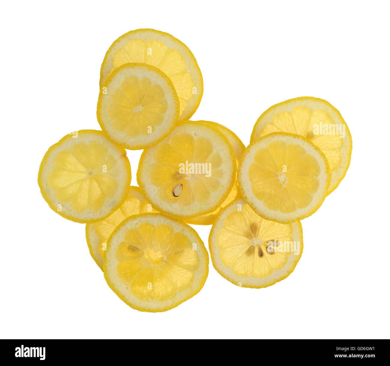 Vista superiore di diverse fette di limone fresco isolato su uno sfondo bianco. Foto Stock