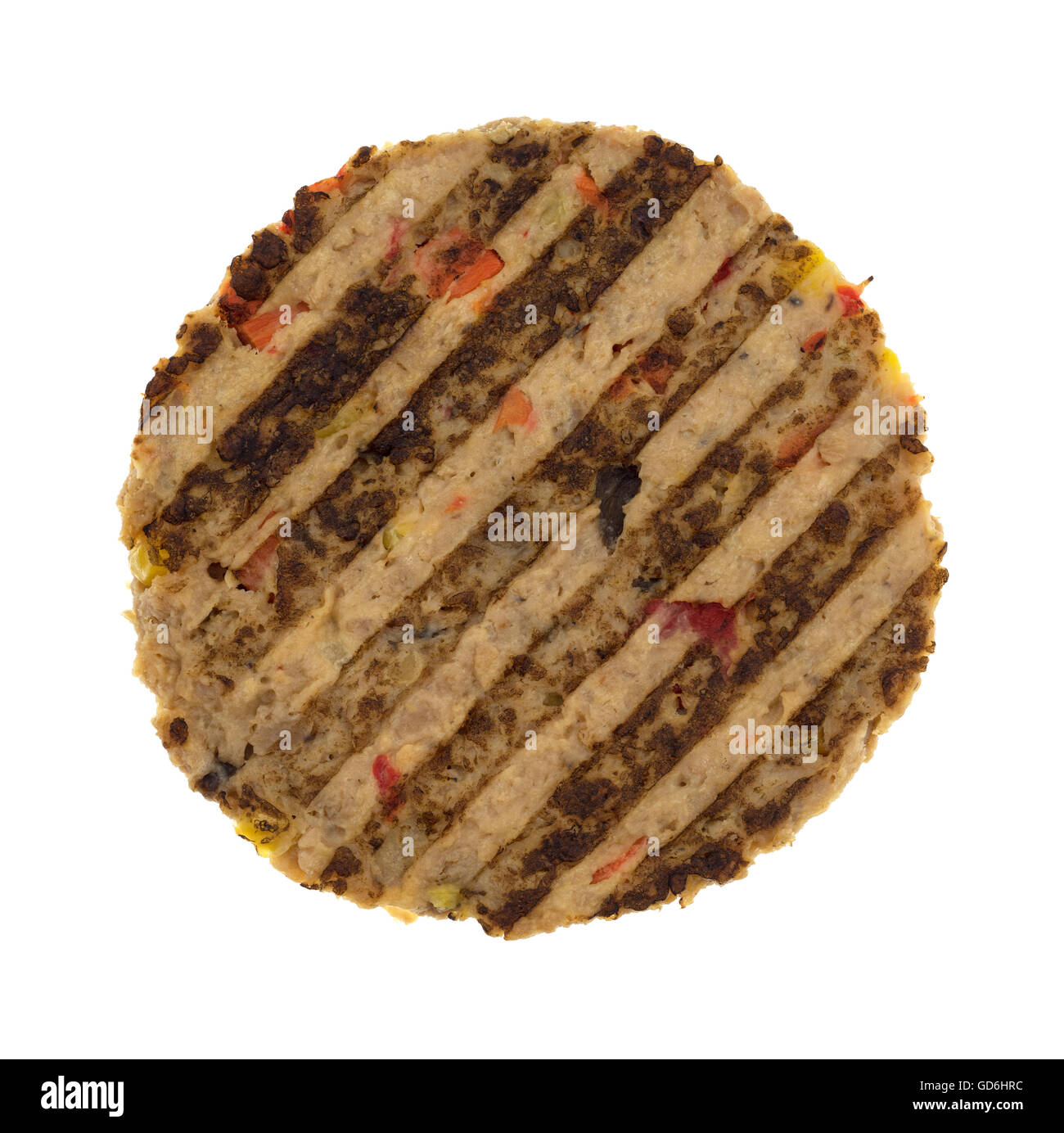 Vista dall'alto di un hamburger vegetariano patty isolato su uno sfondo bianco. Foto Stock