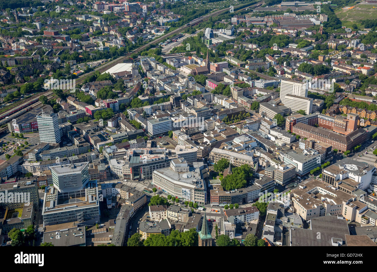 Vista aerea, panoramica sulla città di Bochum, la Sparkasse Bochum - Sede principale, Dr.-Ruer Square, M. Baltz GmbH, Bochum, Renania del Nord Foto Stock