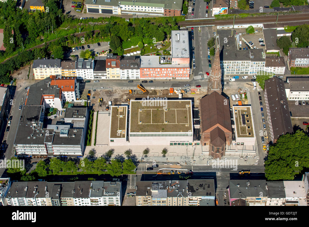 Vista aerea, music center Bochum, presso la chiesa di Marienkirche, piazza Marienplatz, Bochum Symphony Orchestra, sviluppo urbano, Foto Stock