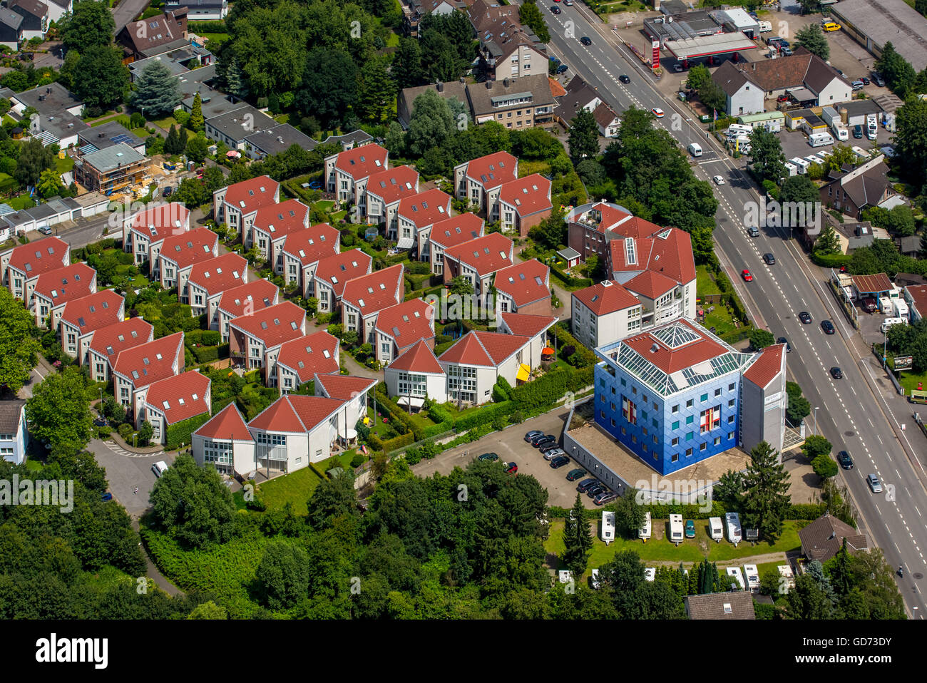 Vista aerea, fila casa di sviluppo, staccato di West Kappler ring Saarn, efficienza di gestione Cluster GmbH Management Consulting, Foto Stock