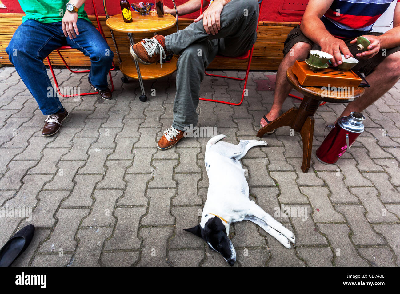 Siesta People al di fuori di un bar sulla strada, Decin, Repubblica Ceca vita quotidiana Foto Stock