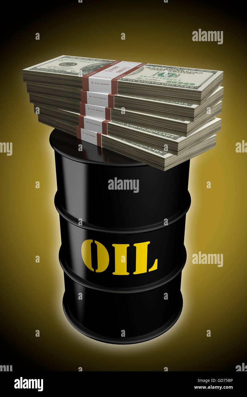Le fatture del dollaro di accatastamento sul barile di petrolio Foto Stock