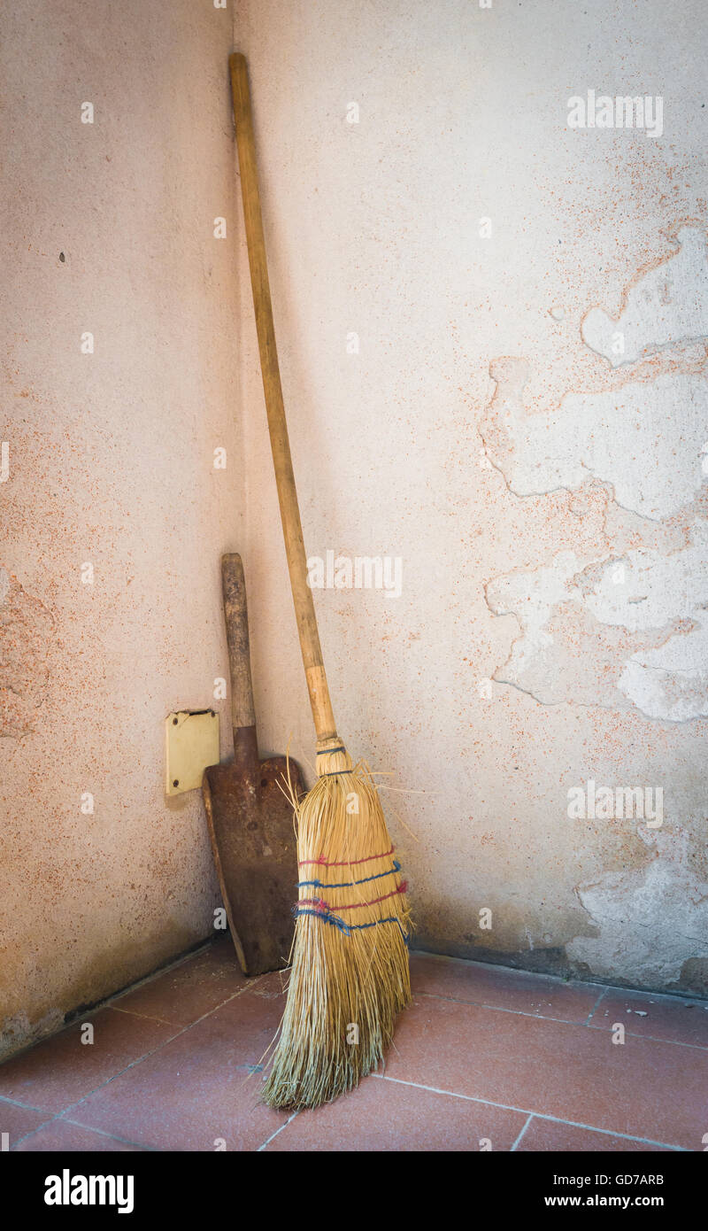 Scopa il sottobosco di legno con la paletta Foto Stock