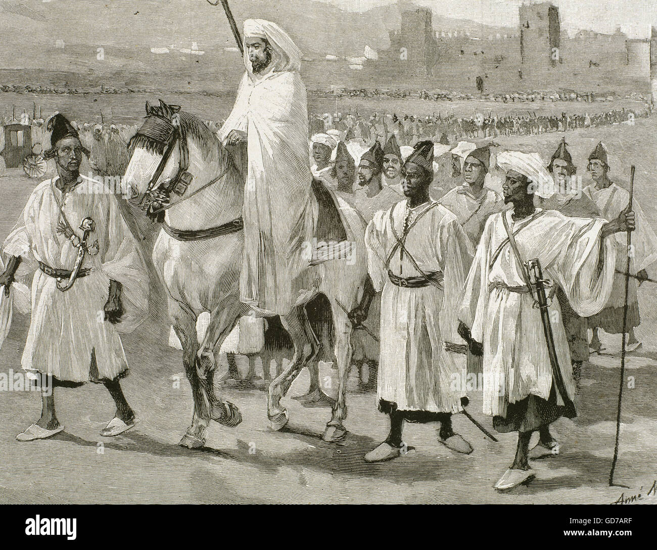 Hassan I (1836-1894), il sultano del Marocco (1873-1894), a cavallo con il suo entourage. Incisione. Foto Stock