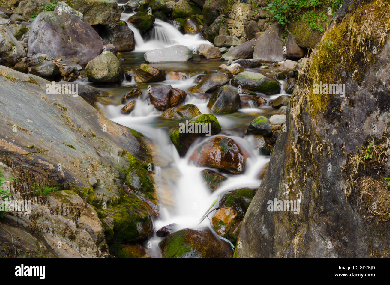 Bello spettacolo di acqua che scorre sulle rocce di Kangchendzonga Falls, ortografia, Sikkim, India Foto Stock