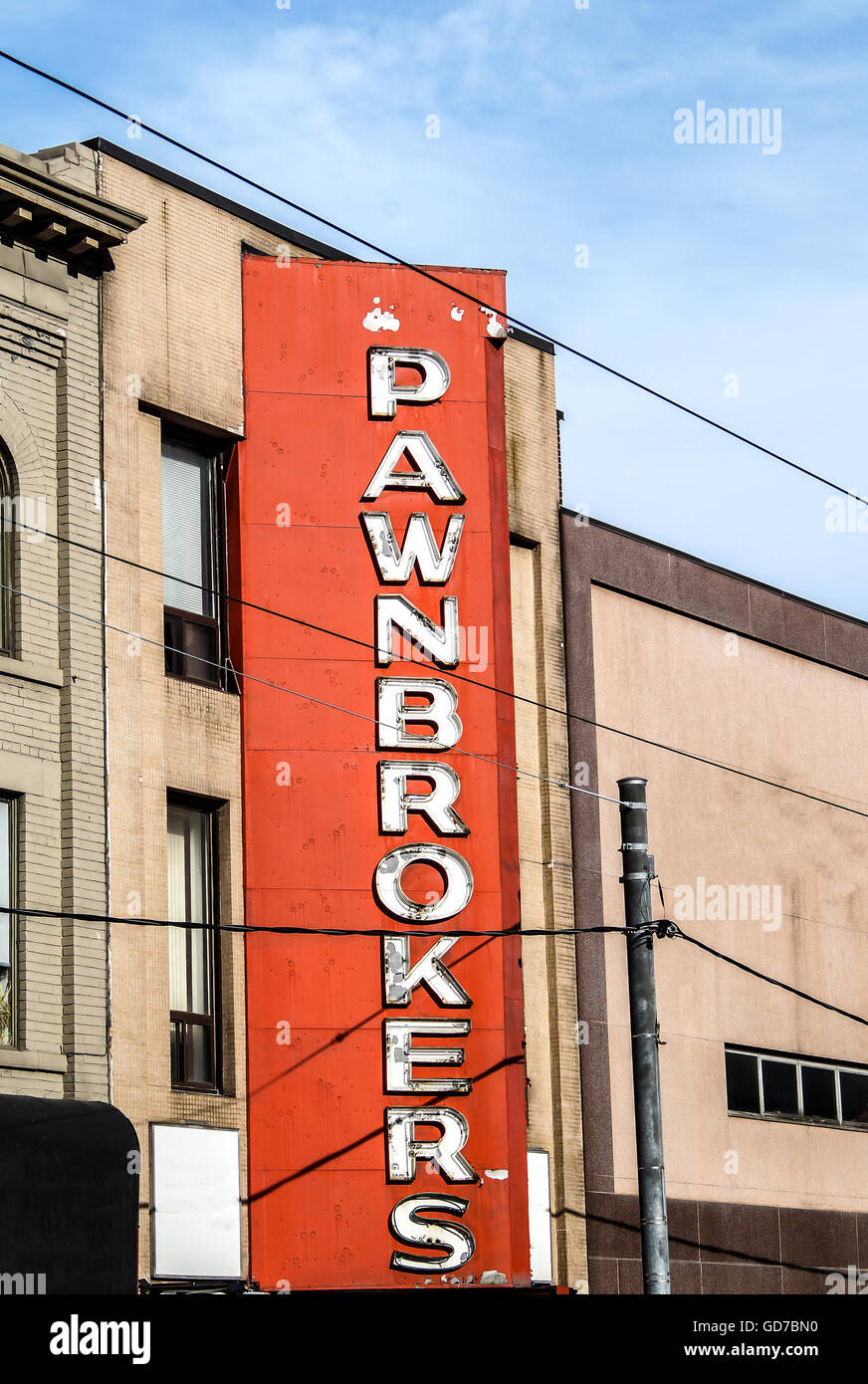 Un vecchio segno pawnbroker Foto Stock