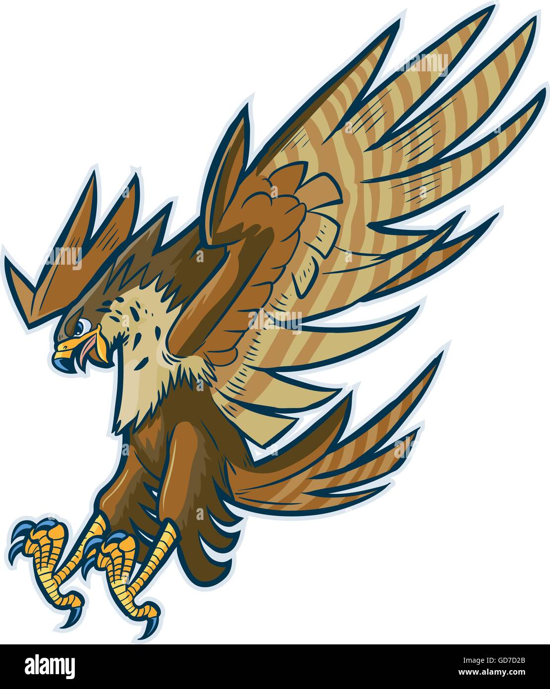 Vector cartoon clip art illustrazione di un falco, Falcon, o mascotte aquila immersioni subacquee o piombando giù con diffusione ali e artigli Illustrazione Vettoriale