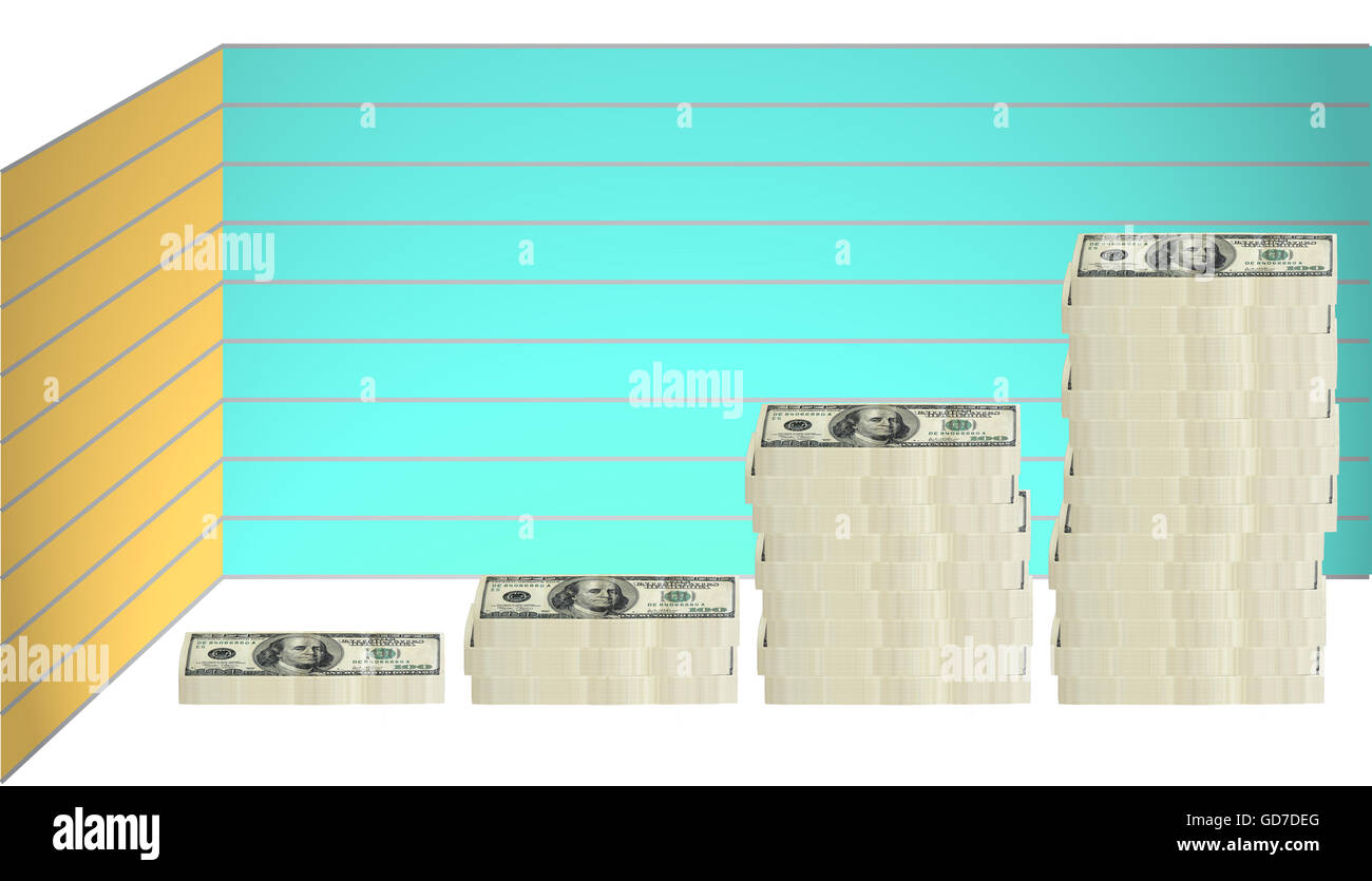 Concetto di immagine di cento le fatture del dollaro impilati in vari raggruppamenti di altezze diverse in un grafico la formazione Foto Stock