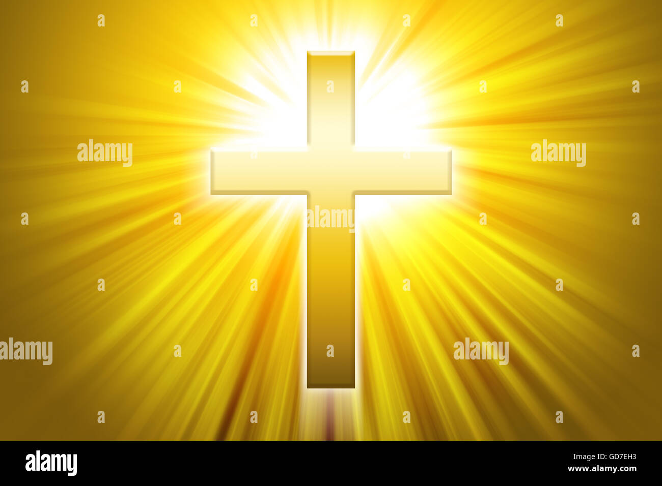 Golden croce latina con raggi solari. Una croce cristiana, il simbolo del cristianesimo, anche chiamato croce romana. Foto Stock