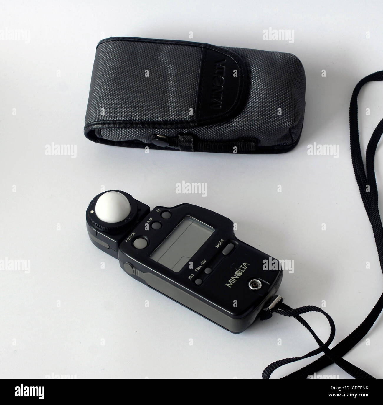 Fotografia di un fotometro manuale a marchio Minolta, isolato su sfondo bianco Foto Stock