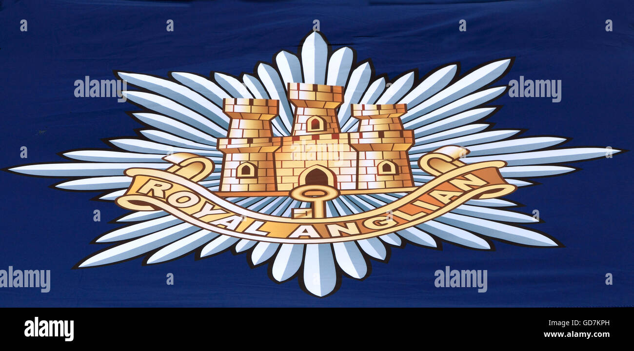 Royal Anglian Regiment, logo, Bandiera, stemma, badge badge regimental bandiere logo insignias esercito militare England Regno Unito Foto Stock