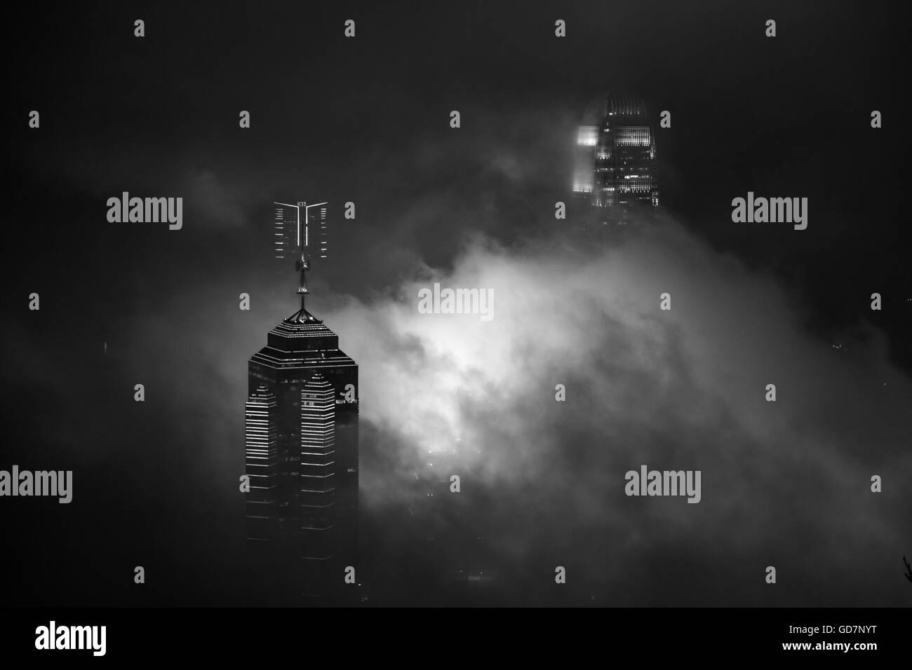 Skyline di Hong Kong, il paesaggio e la scena notturna Foto Stock