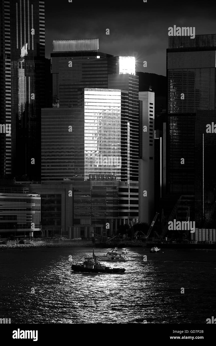 Skyline di Hong Kong, il paesaggio e la scena notturna Foto Stock