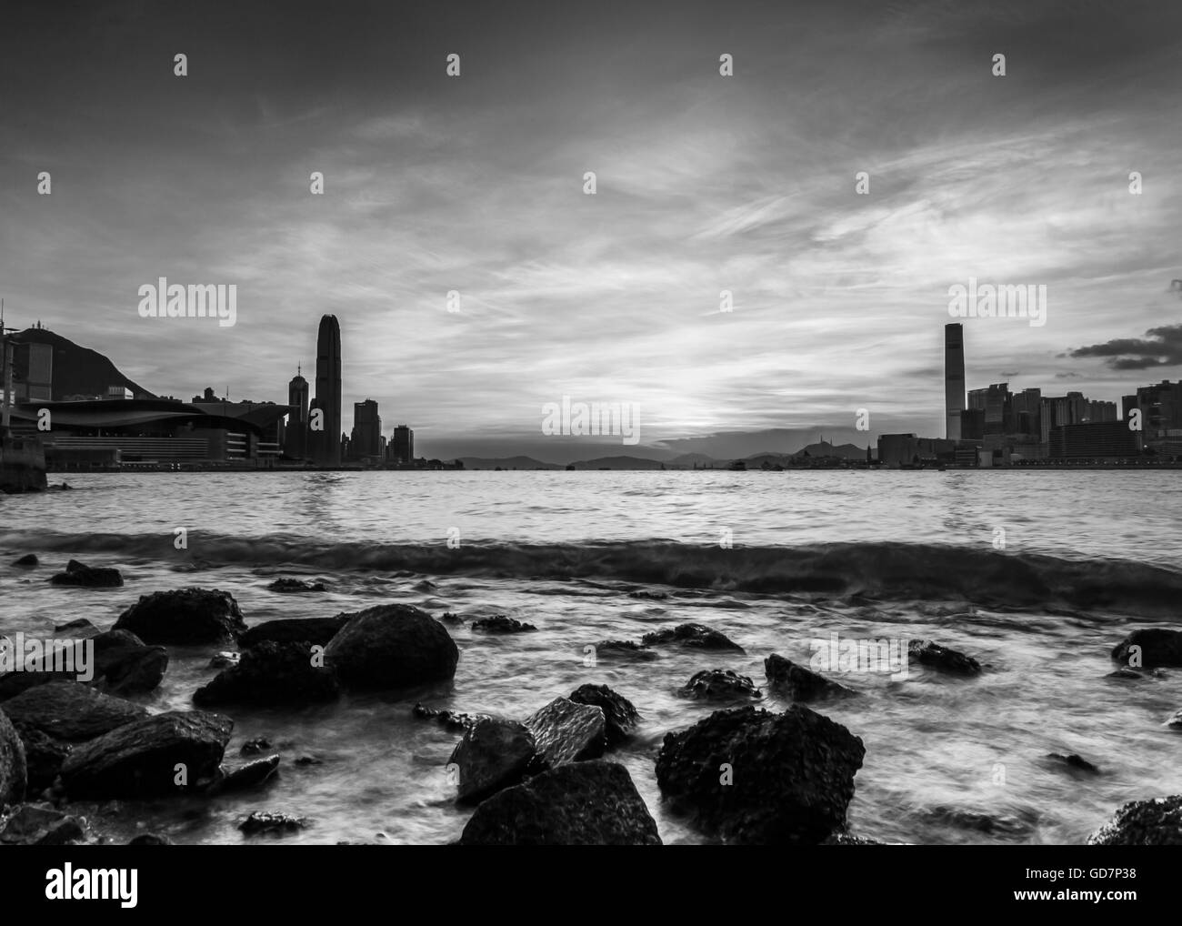 Skyline di Hong Kong, il paesaggio e la scena notturna Foto Stock