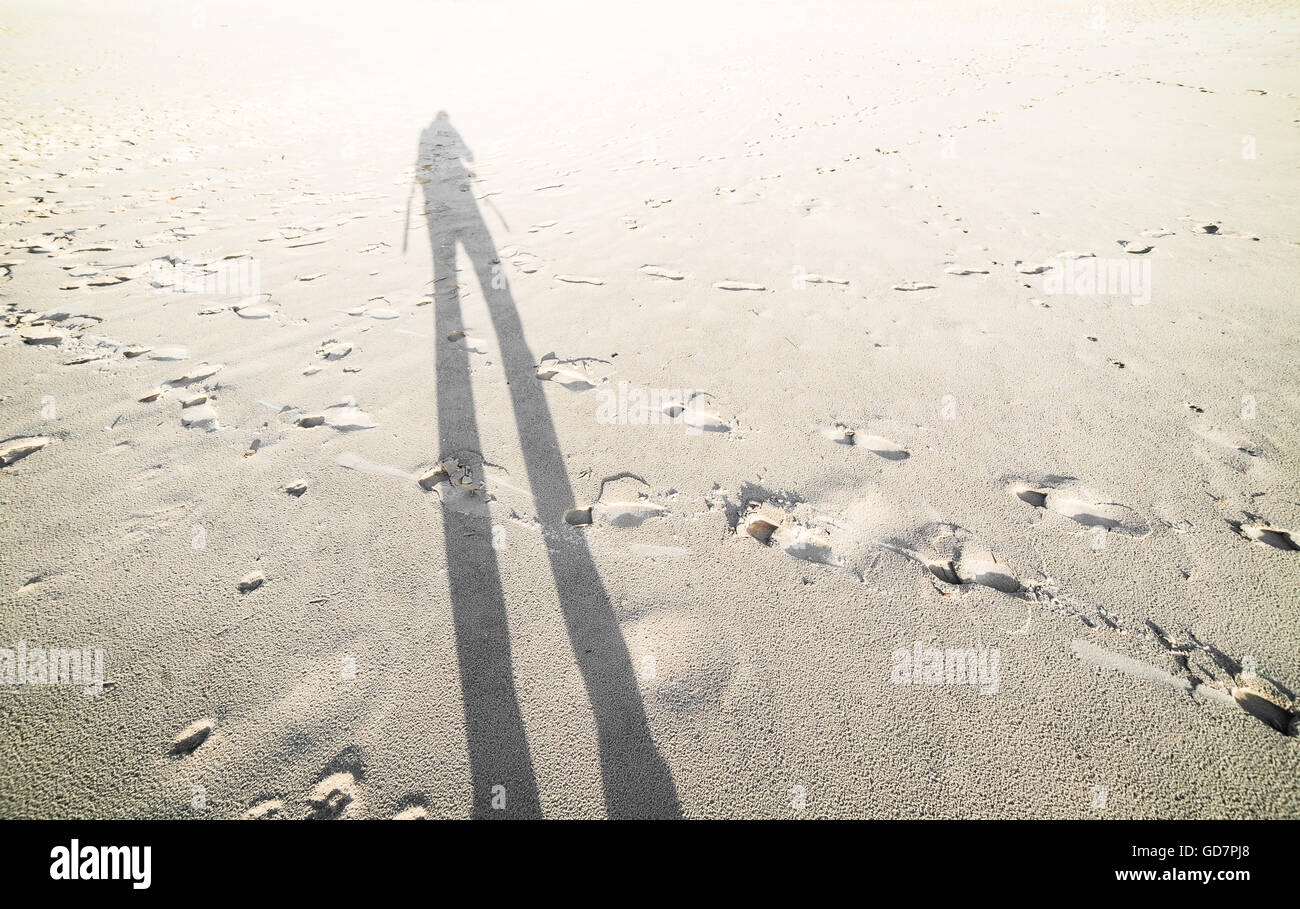 Lunga ombra di uomo in piedi sulla spiaggia sabbiosa Foto Stock