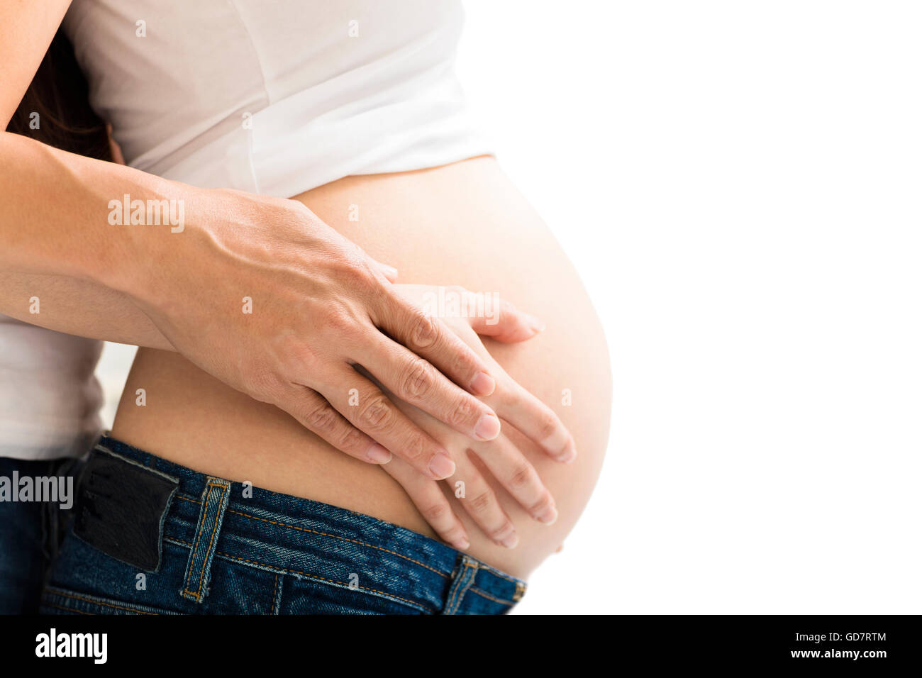 Le mani della donna incinta e suo marito Foto Stock