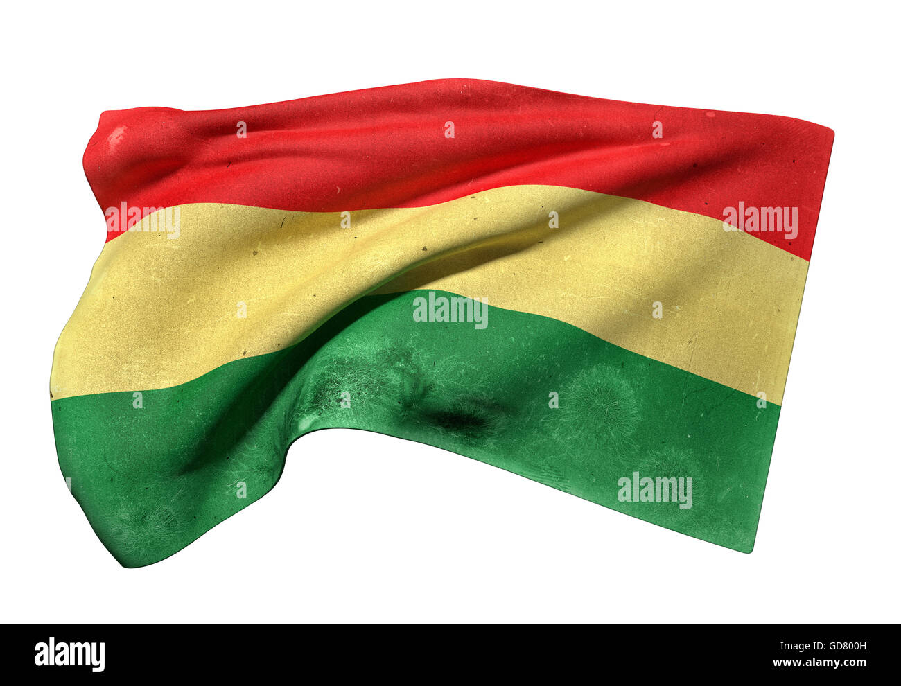 3D rendering di un vecchio e sporco e la Bolivia bandiera sventola su sfondo bianco Foto Stock