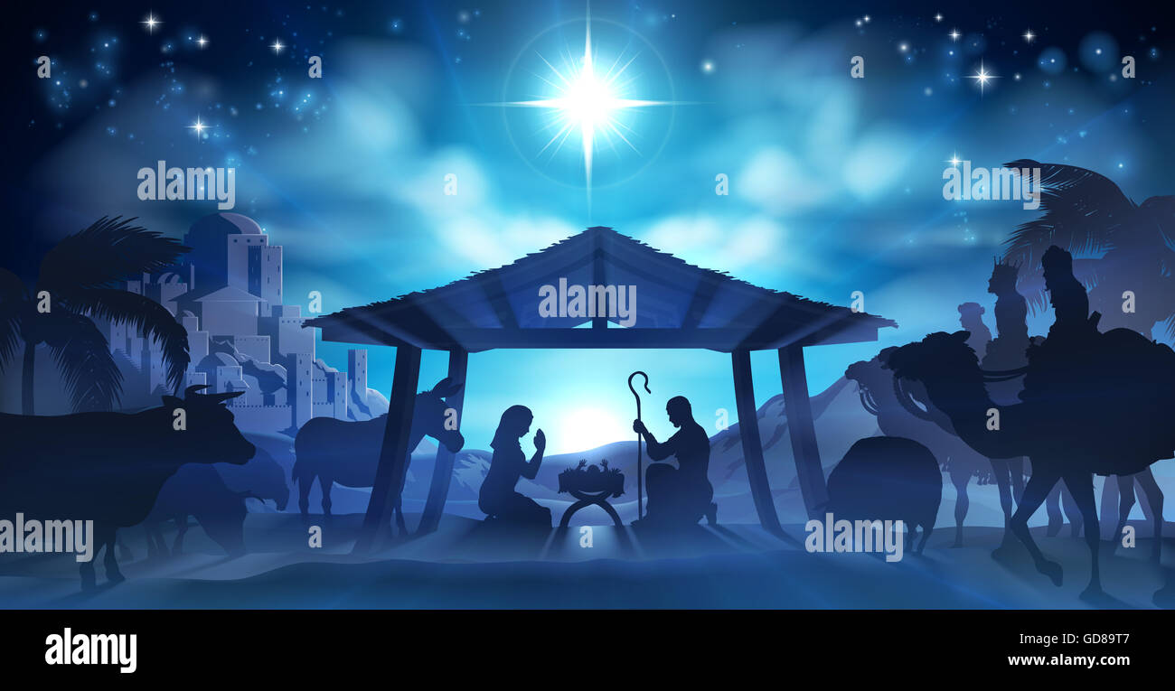 Presepe del Bambino Gesù nella mangiatoia con Maria e Giuseppe in silhouette circondato dagli animali e uomini saggi w Foto Stock