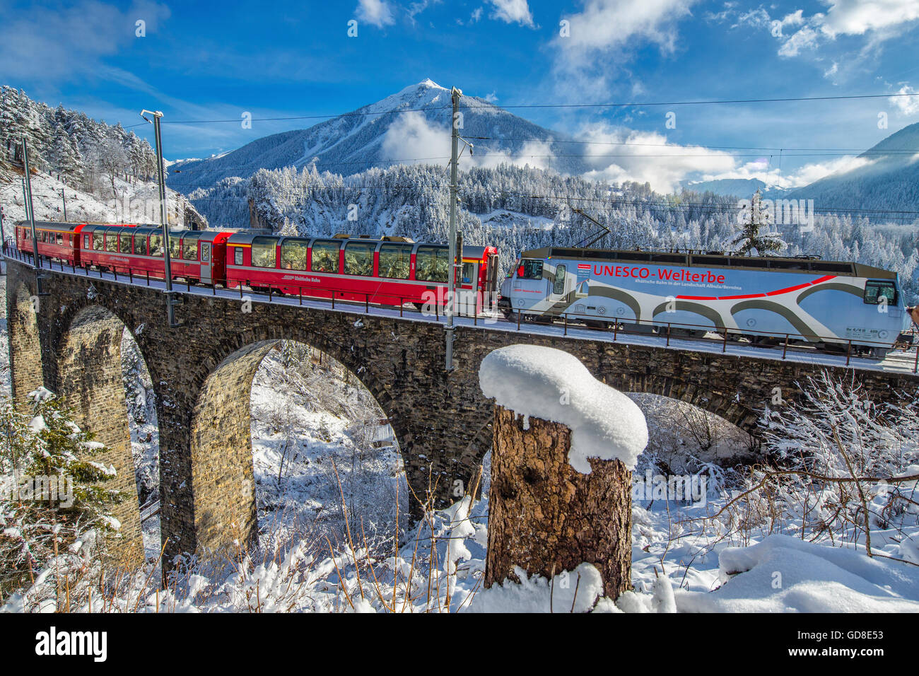 Bernina Express passa attraverso i boschi innevati intorno a Filisur Cantone dei Grigioni Svizzera Europa Foto Stock