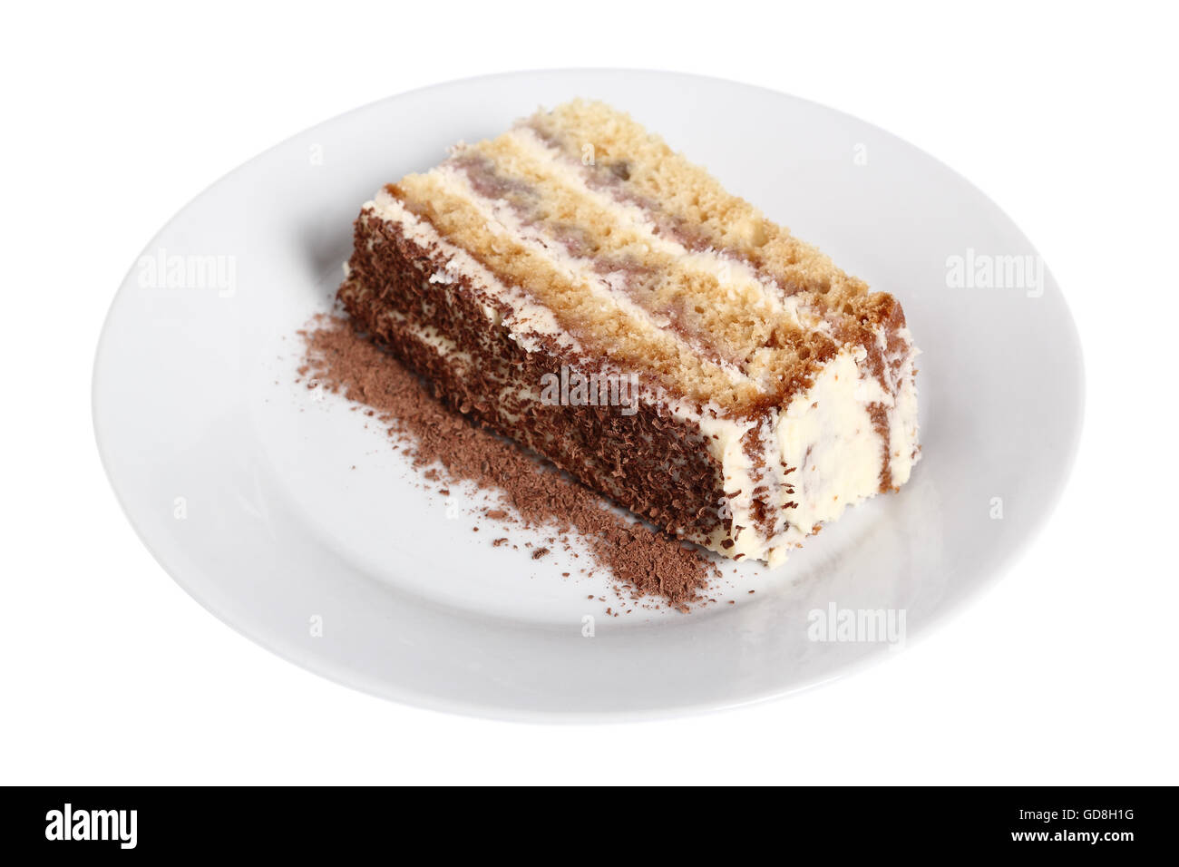 Layer Cake con crema di burro e marmellata. Isolato con percorso di clipping. Foto Stock