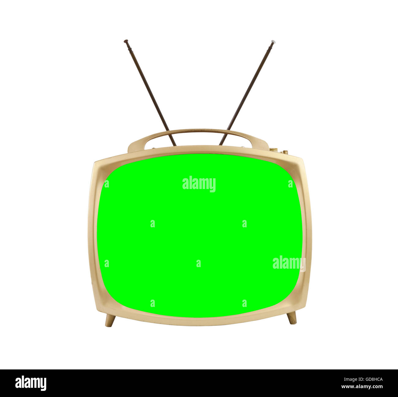 Vecchia televisione vintage con le antenne su bianco con chroma schermo verde. Foto Stock