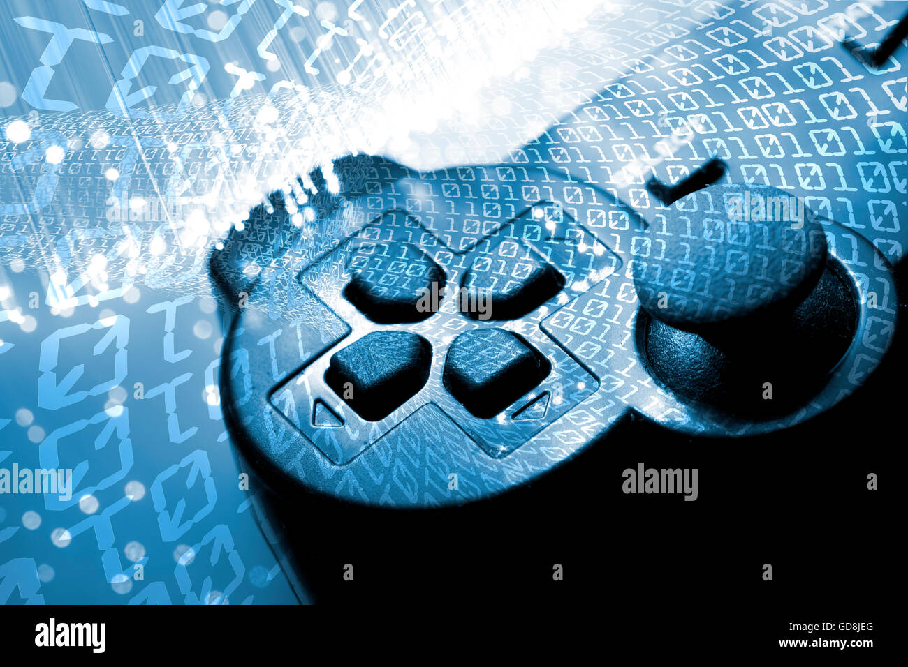 Il controller di gioco e la luce blu e tunnel binario Foto Stock