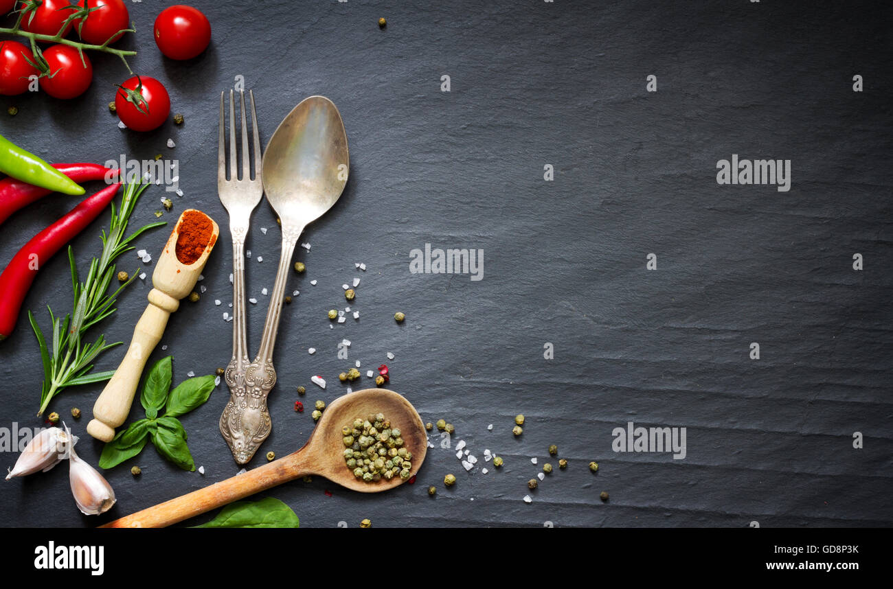 Menù culinari concetto di telaio su sfondo nero Foto Stock