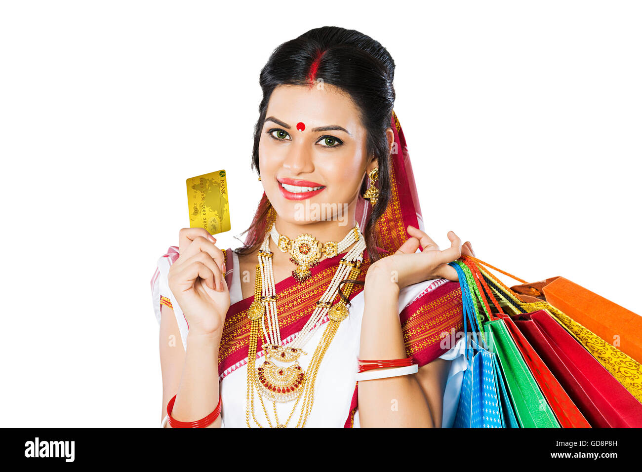 1 Indian Bengali donna adulta Holding Shopping bag Carta di Credito mostra Foto Stock