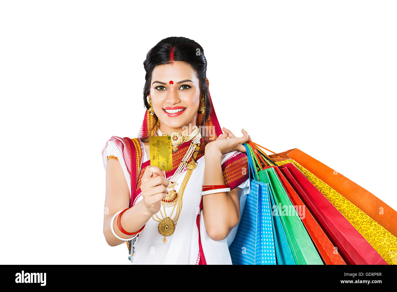 1 Indian Bengali donna adulta Holding Shopping bag Carta di Credito mostra Foto Stock
