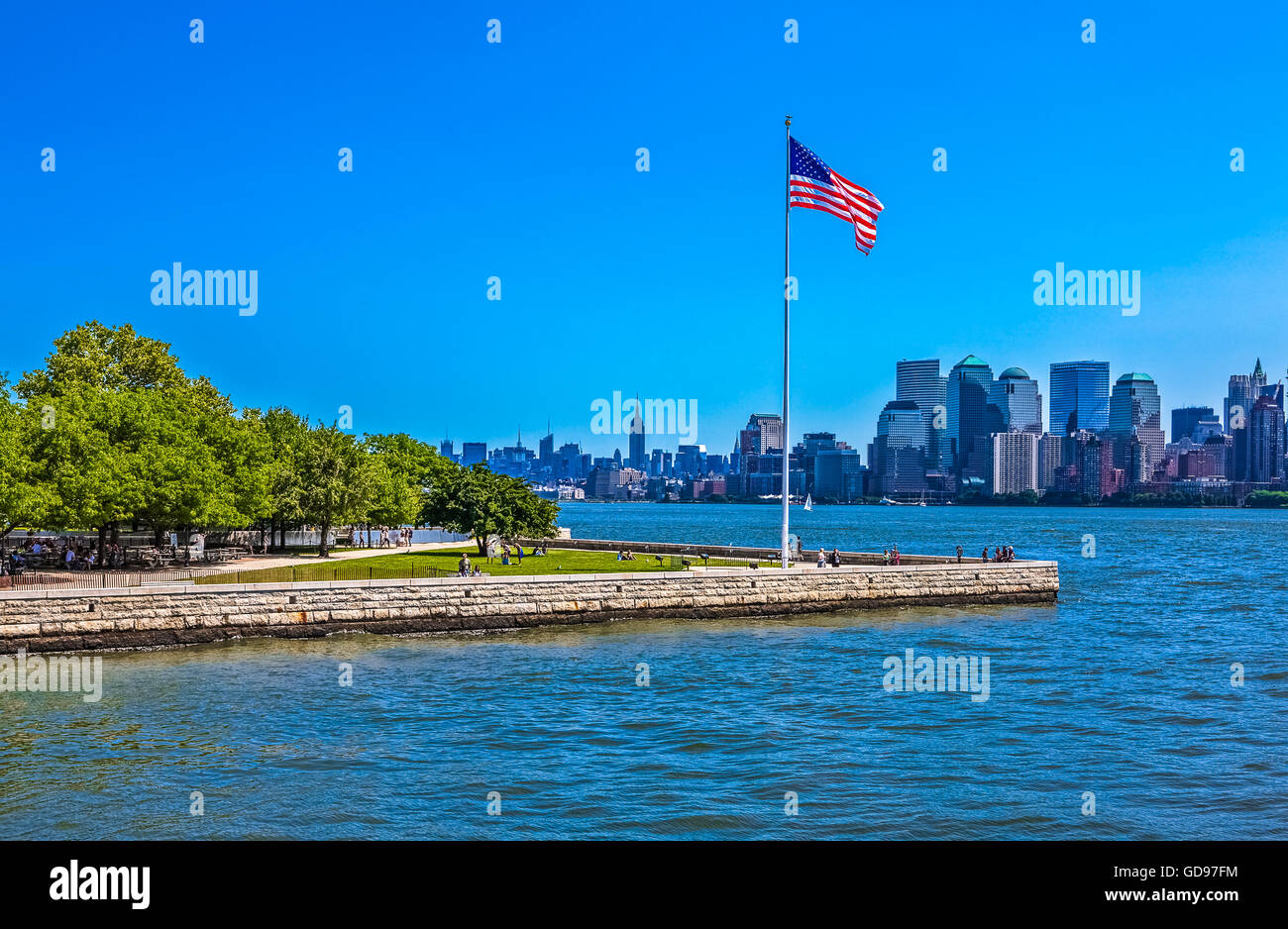 Stati Uniti, New York,Manhattan,lo skyline della città visto dal traghetto a Liberty Island Foto Stock