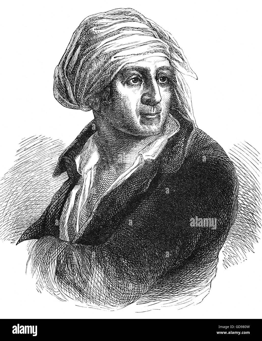 Jean-Paul Marat (1743 - 1793) era un teorico politico che divenne un radicale giornalista e politico durante la Rivoluzione Francese. Il suo giornalismo è diventato famoso per il suo tono feroce, posizione intransigente verso i nuovi governanti e istituzioni della rivoluzione, e alla difesa dei diritti umani fondamentali per i membri più poveri della società. Foto Stock