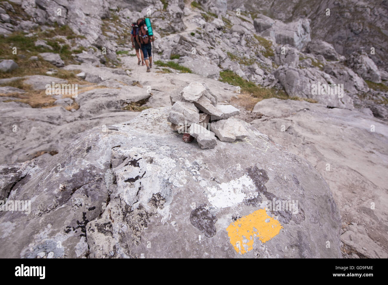 Escursionismo a El Il, Naranjo de Bulnes, a rimanere al,Refugio, Vega de Urriello, in Picos de Europa,Europa Parco Nazionale,Asturias,Spagna. Foto Stock