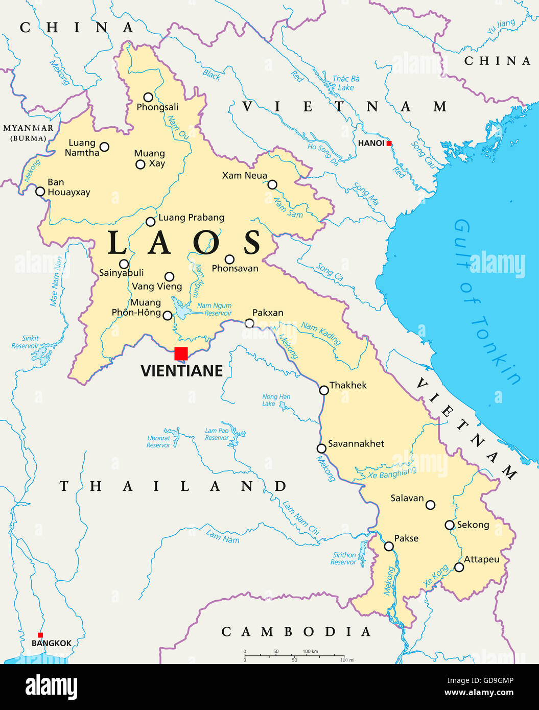 Laos mappa politico con capitale Vientiane, confini nazionali importanti città, fiumi e laghi. Noto anche come Muang Lao. Foto Stock