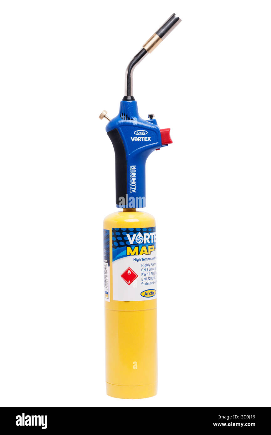 Un idraulici la bombola del gas con gas mappa su sfondo bianco Foto Stock