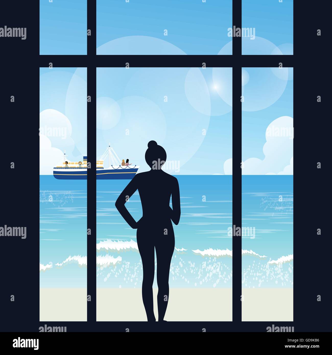 Silhouette di donna in piedi cercando di vista mare con barca dal suo appartamento grande finestra Illustrazione Vettoriale