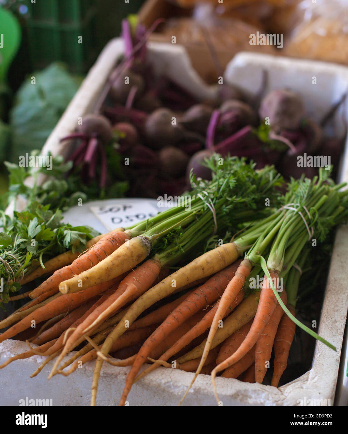 Le carote fresche al mercato verde Foto Stock