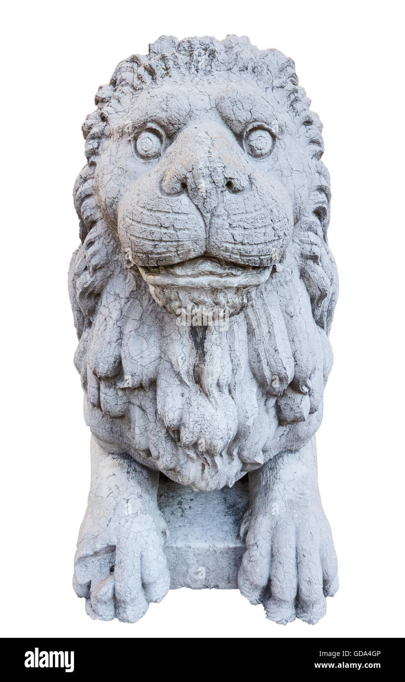Marmo bianco Leone medievale, custode di Lion, isolare su sfondo bianco Foto Stock